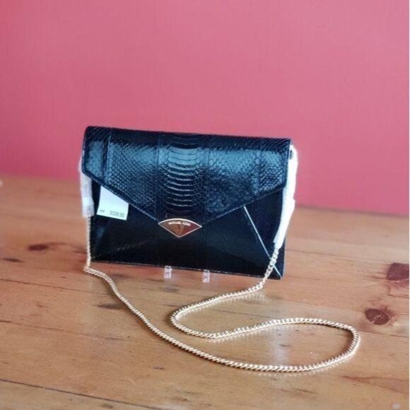 Michael Kors Snakeskin Leather Envelope Clutch Shoulder Crossbody Handbag Black - Picture 1 of 8